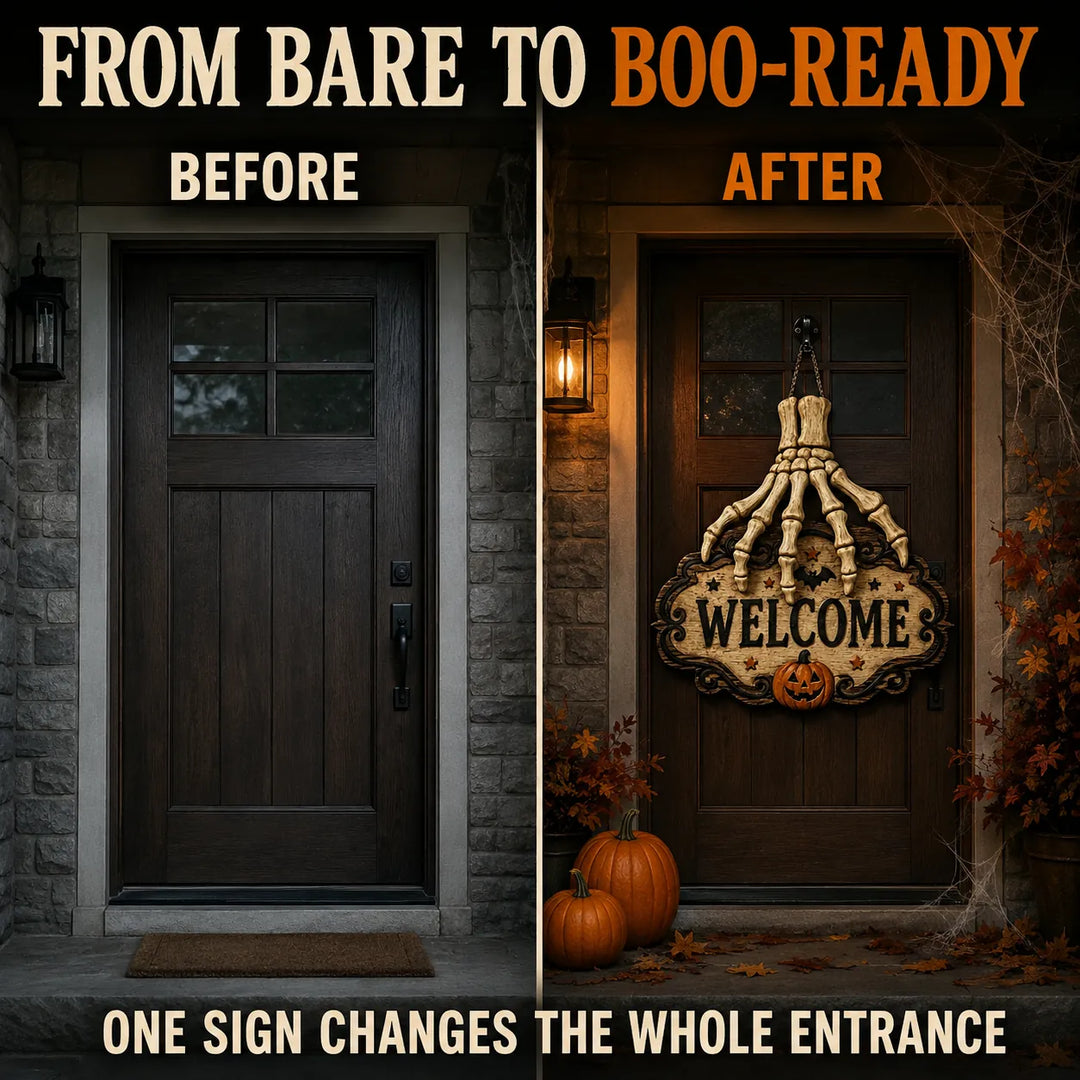 Halloween Skeleton Hand Welcome Sign - Wood Door Hanging