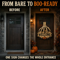 Halloween Skeleton Hand Welcome Sign - Wood Door Hanging
