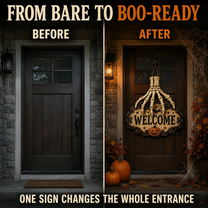 Halloween Skeleton Hand Welcome Sign - Wood Door Hanging