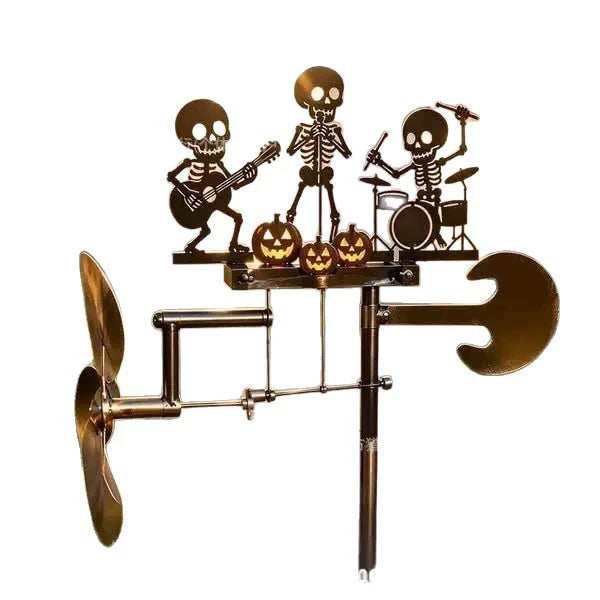 Prototype image of metal skeleton band kinetic wind spinner with pumpkins, wind blades, tail vane, and ground stake