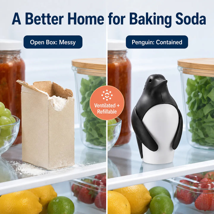 Penguin deodorizer compared with open baking soda box