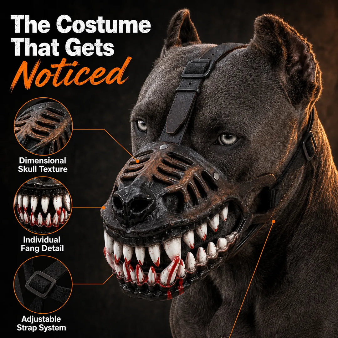 Dog wearing realistic skull costume muzzle
