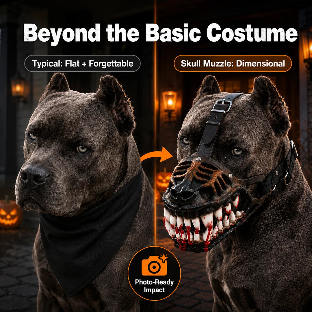 Dimensional skull muzzle compared with a basic dog costume