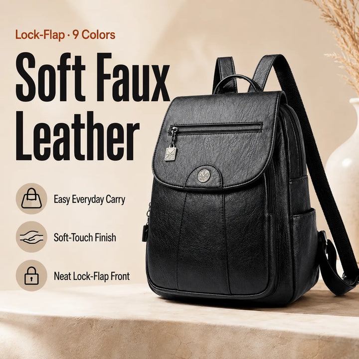 Soft Faux Leather Backpack with Lock-Flap &amp; Hidden Zipper — 9 Colors, Everyday Carry