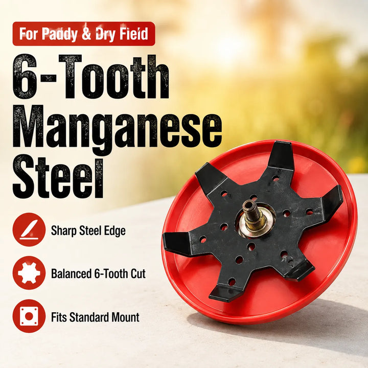 6-Tooth Brush Cutter Head for Paddy &amp; Dry Field — 26/28mm Manganese Steel