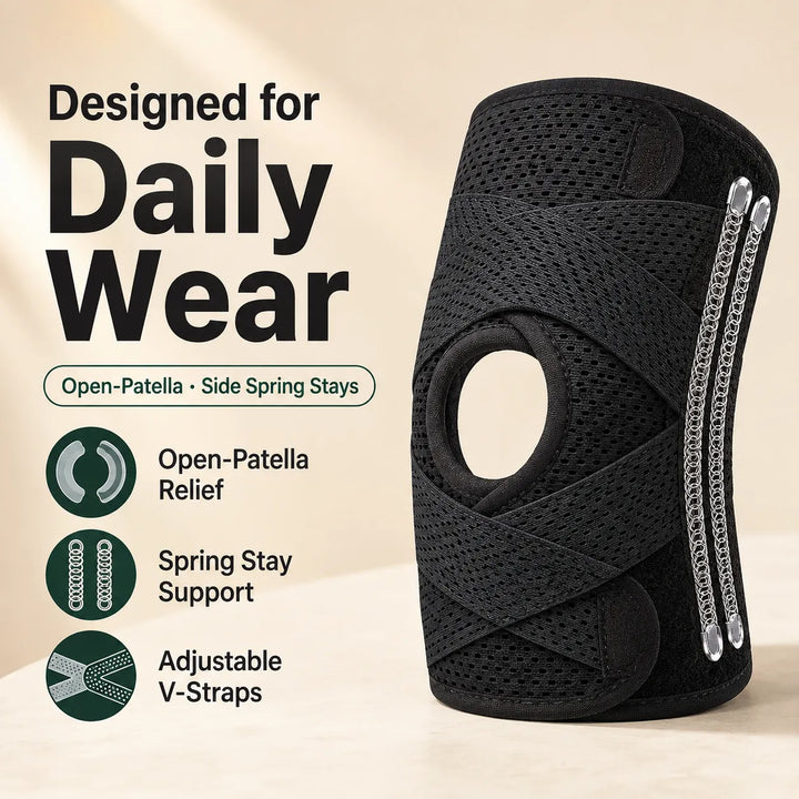 Knee Brace with Side Spring Stays &amp; Open-Patella Silicone Pad — Adjustable Compression for Daily Wear