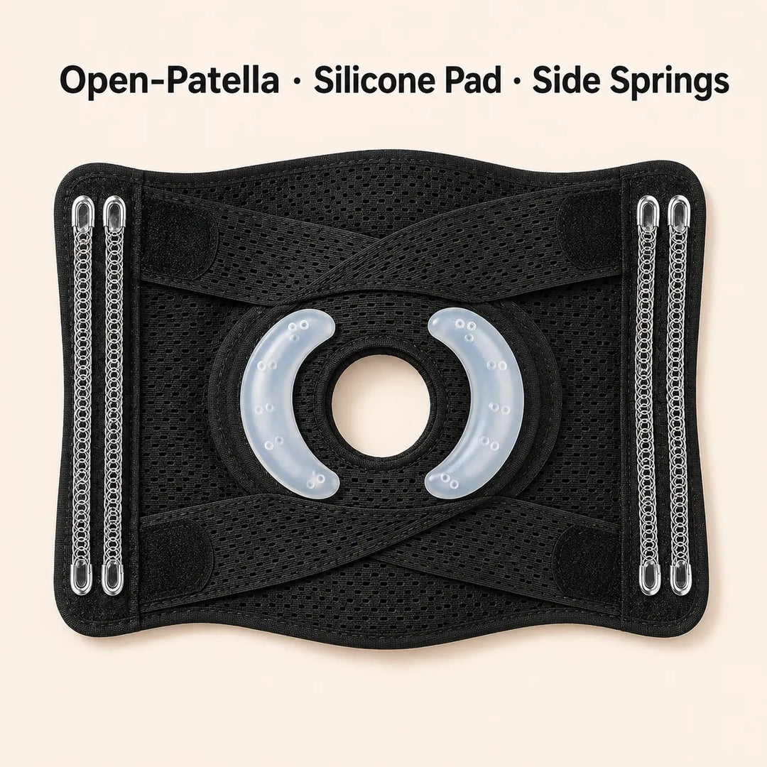 Knee Brace with Side Spring Stays &amp; Open-Patella Silicone Pad — Adjustable Compression for Daily Wear