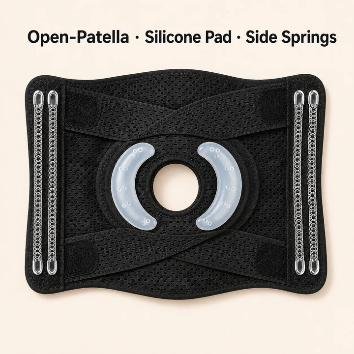 Knee Brace with Side Spring Stays &amp; Open-Patella Silicone Pad — Adjustable Compression for Daily Wear