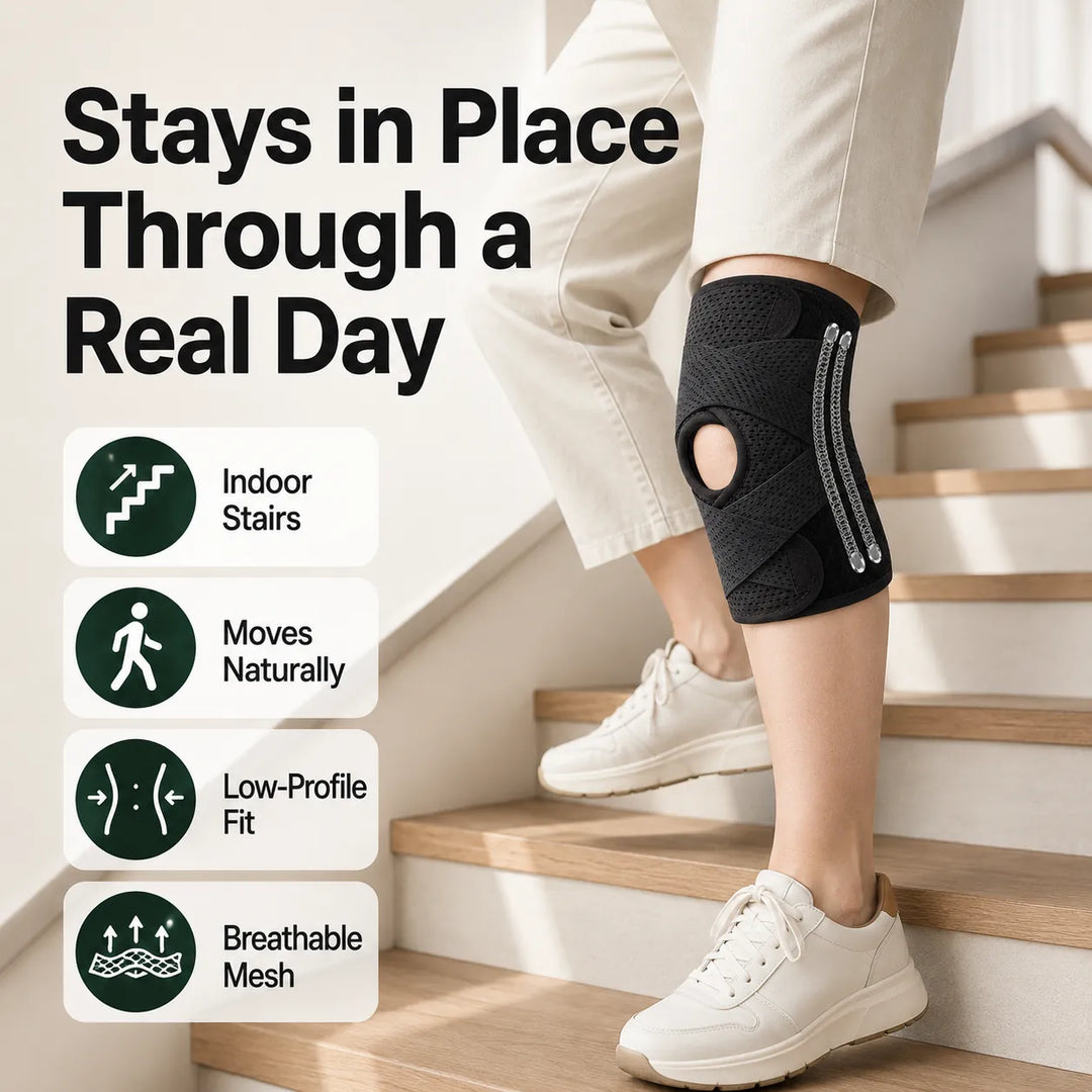 Knee Brace with Side Spring Stays &amp; Open-Patella Silicone Pad — Adjustable Compression for Daily Wear