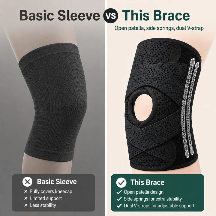 Knee Brace with Side Spring Stays &amp; Open-Patella Silicone Pad — Adjustable Compression for Daily Wear