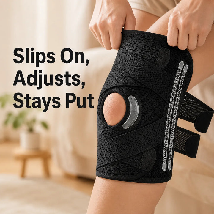 Knee Brace with Side Spring Stays &amp; Open-Patella Silicone Pad — Adjustable Compression for Daily Wear