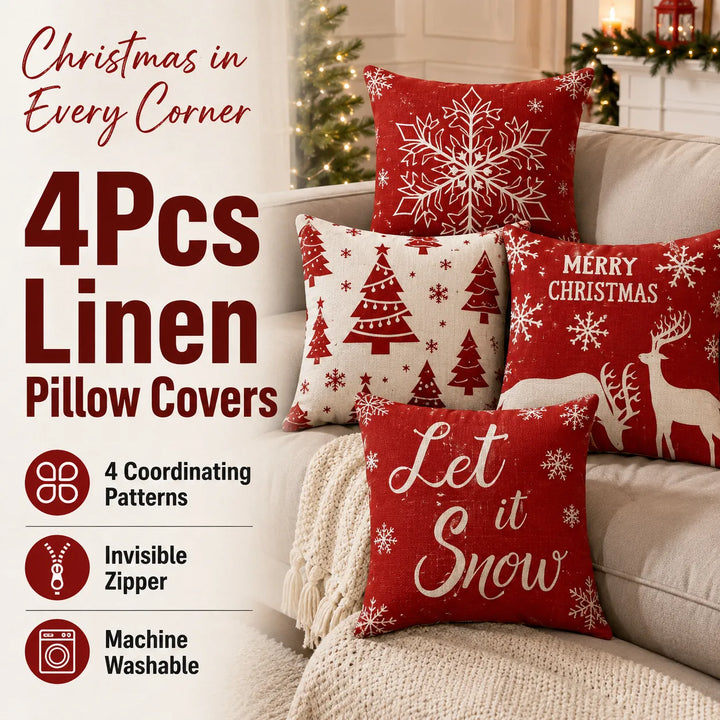 4Pcs-Christmas Throw Pillow Covers —  Linen Cushion Cases