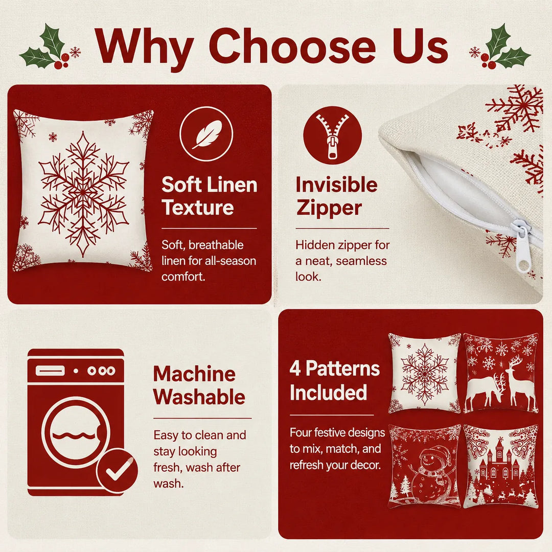 4Pcs-Christmas Throw Pillow Covers —  Linen Cushion Cases
