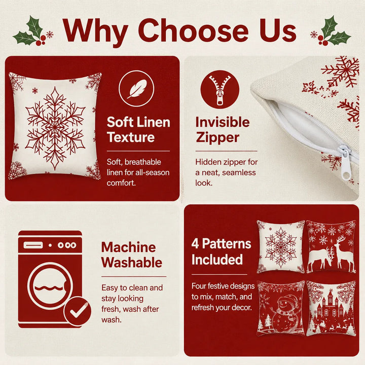 4Pcs-Christmas Throw Pillow Covers —  Linen Cushion Cases