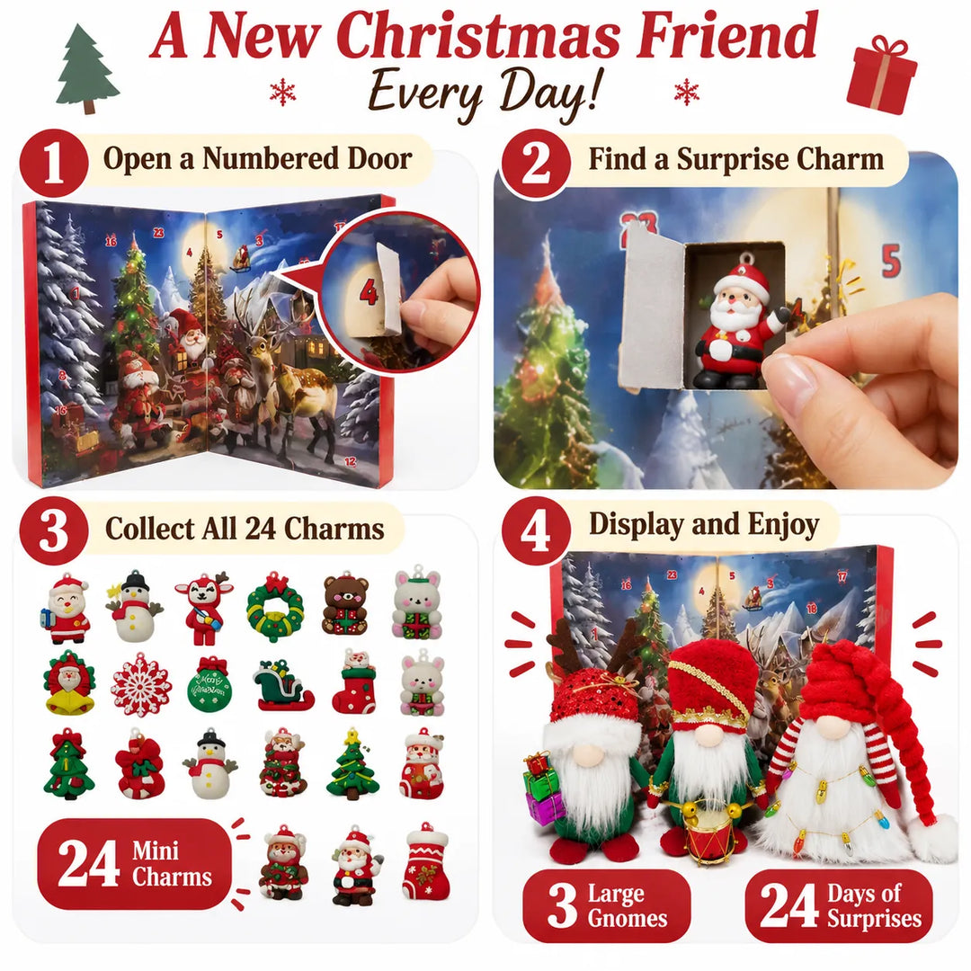 Christmas Gnome Blind Box Advent Calendar — 3 Plush Gnomes &amp; 24 Charms