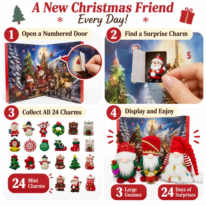 Christmas Gnome Blind Box Advent Calendar — 3 Plush Gnomes &amp; 24 Charms