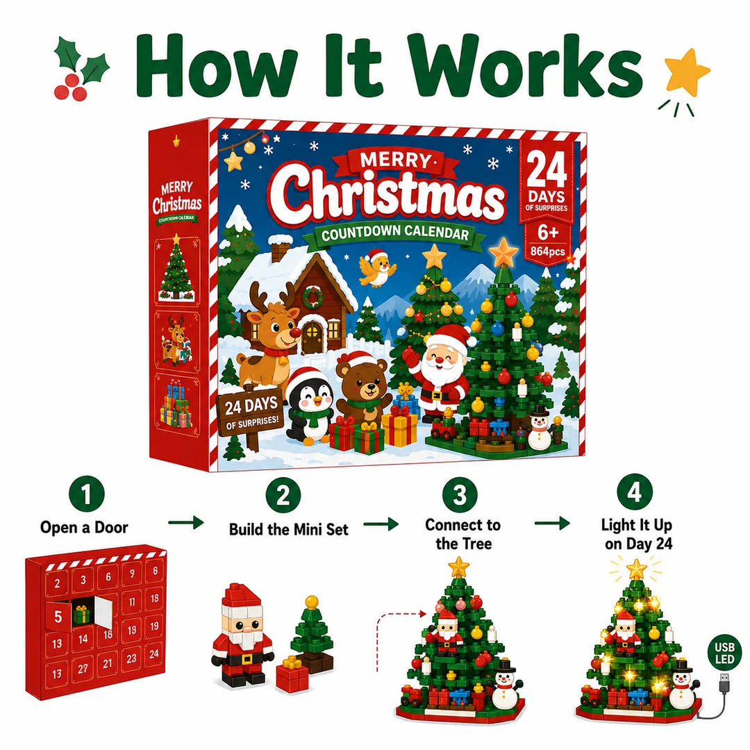 Christmas Tree Blind Box Advent Calendar — 864Pcs with USB LED Lights