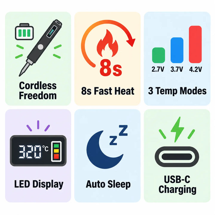 Velloraco cordless soldering pen: 8s heat, 3 modes, USB-C.