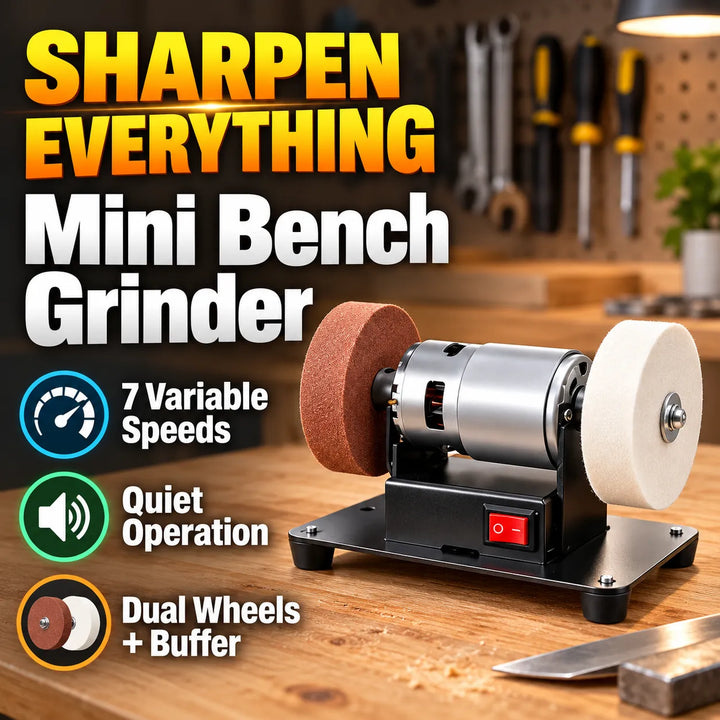 Mini Bench Grinder 7-Speed Dual Wheels + Buffing Pad for Knives &amp; More