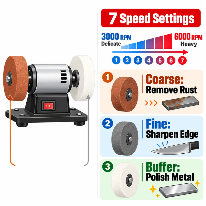 Mini Bench Grinder 7-Speed Dual Wheels + Buffing Pad for Knives &amp; More