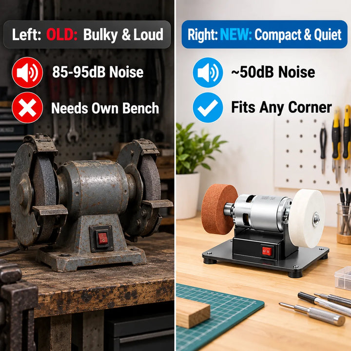 Mini Bench Grinder 7-Speed Dual Wheels + Buffing Pad for Knives &amp; More