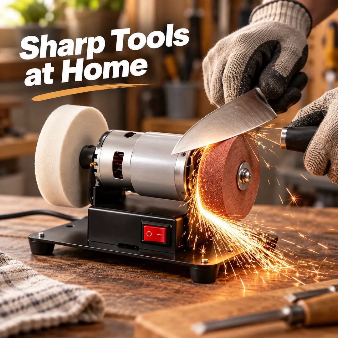 Mini Bench Grinder 7-Speed Dual Wheels + Buffing Pad for Knives &amp; More