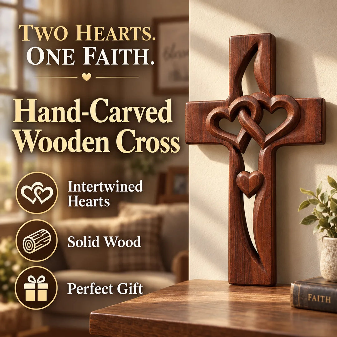 Hand-Carved Wooden Cross with Intertwined Hearts, Solid Wood Wall Decor