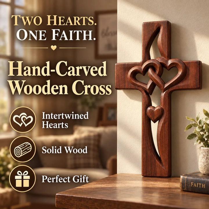Hand-Carved Wooden Cross with Intertwined Hearts, Solid Wood Wall Decor