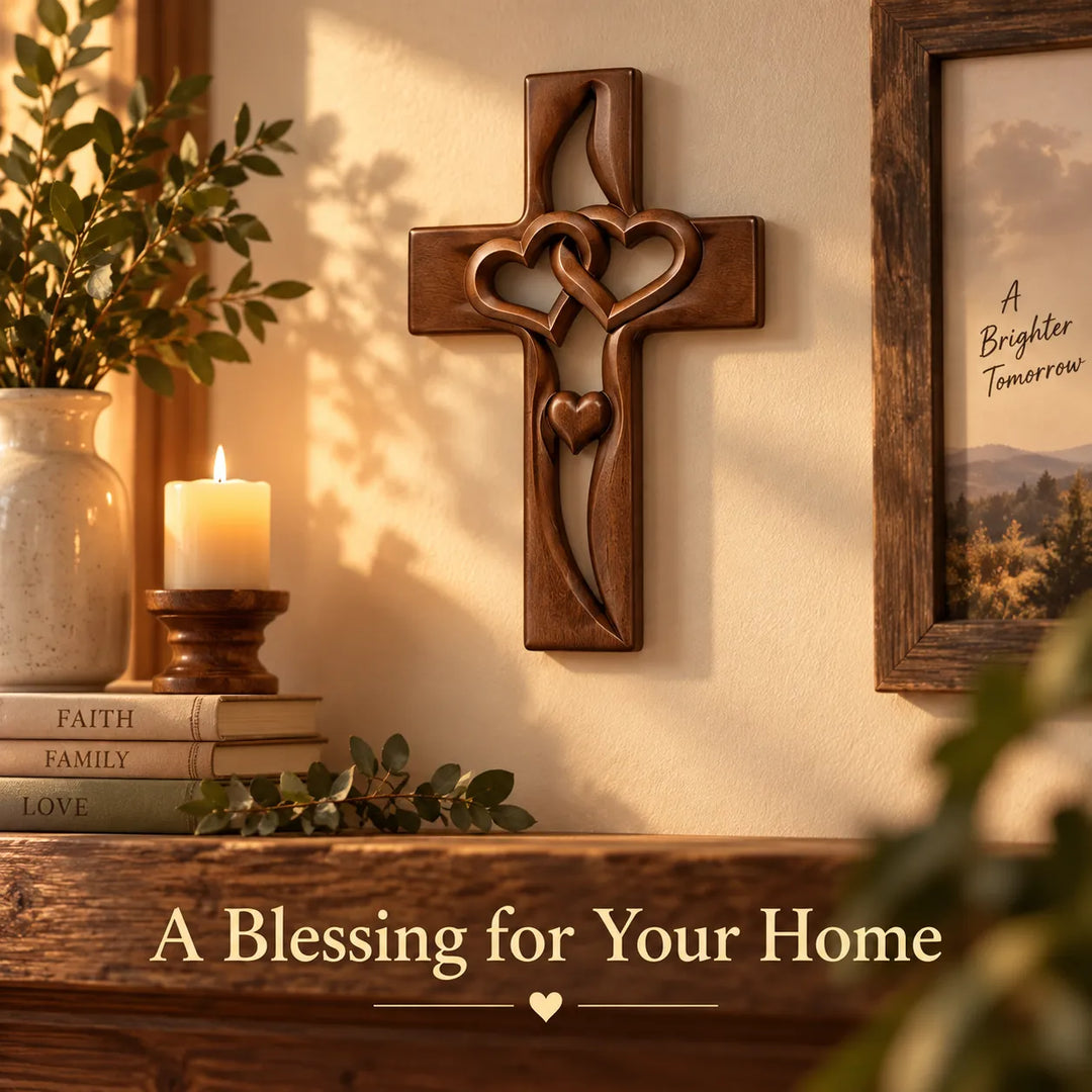 Hand-Carved Wooden Cross with Intertwined Hearts, Solid Wood Wall Decor