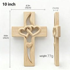 Hand-Carved Wooden Cross with Intertwined Hearts, Solid Wood Wall Decor