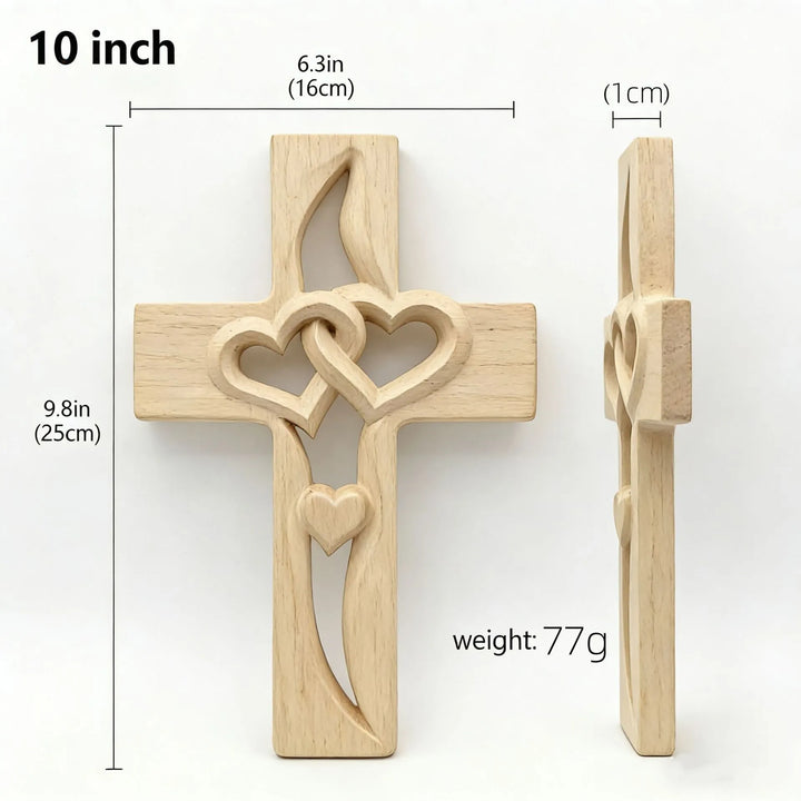 Hand-Carved Wooden Cross with Intertwined Hearts, Solid Wood Wall Decor