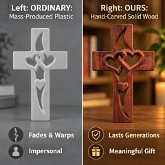 Hand-Carved Wooden Cross with Intertwined Hearts, Solid Wood Wall Decor