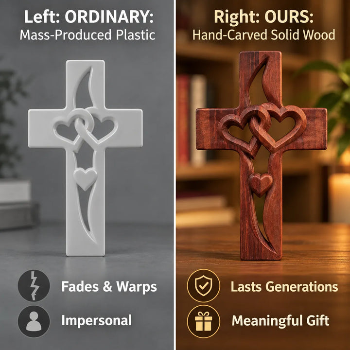 Hand-Carved Wooden Cross with Intertwined Hearts, Solid Wood Wall Decor