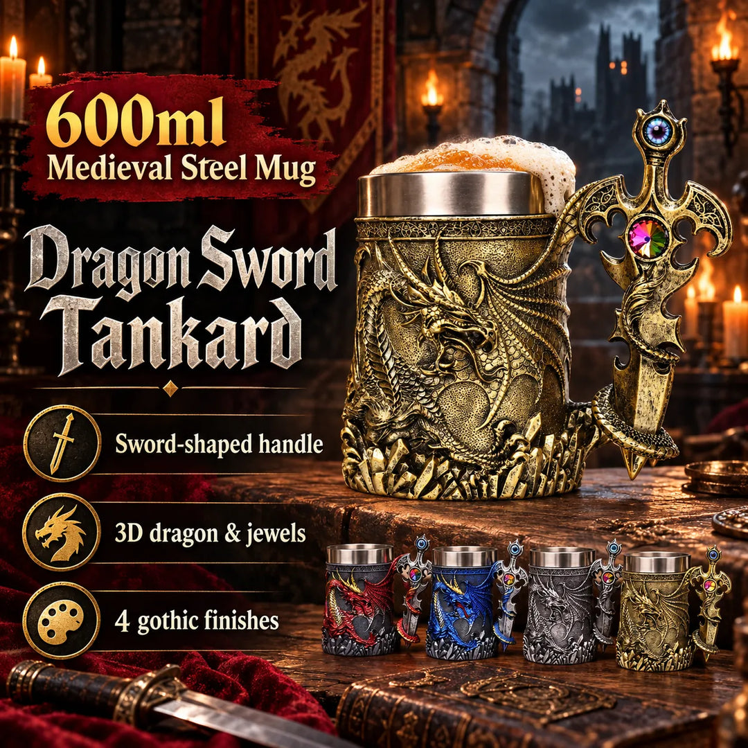 Medieval Dragon Sword Beer Mug – 3D Stainless Gothic Tankard 600ml
