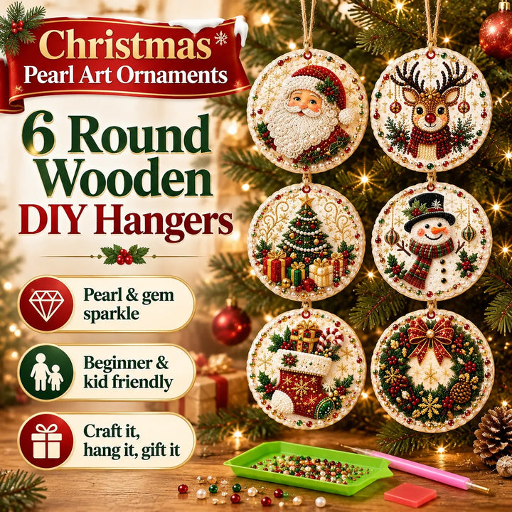 Christmas Pearl Art Ornaments – 6 Round Wooden DIY Tree Hangers