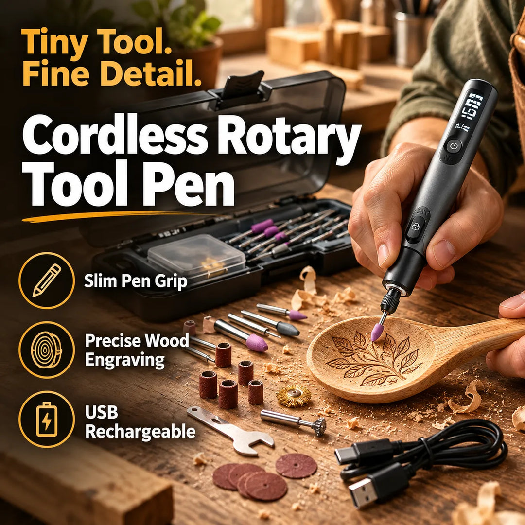 Hero: pen-size cordless rotary tool in hand