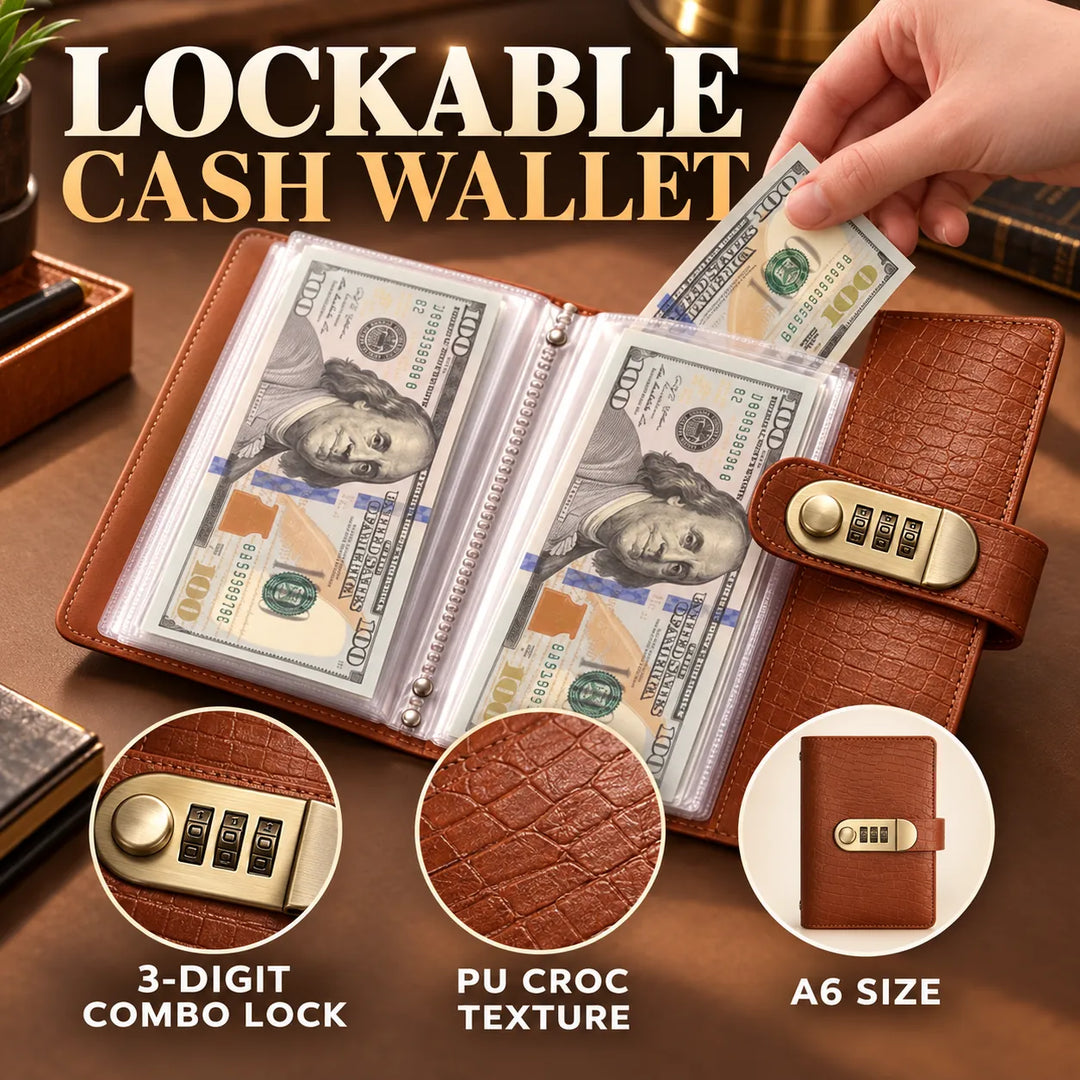 Cash being placed into a crocodile texture combination lock wallet
