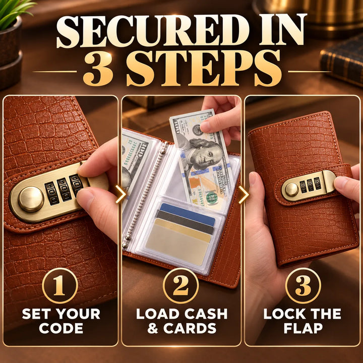 Open wallet with clear slip pockets showing organized bills