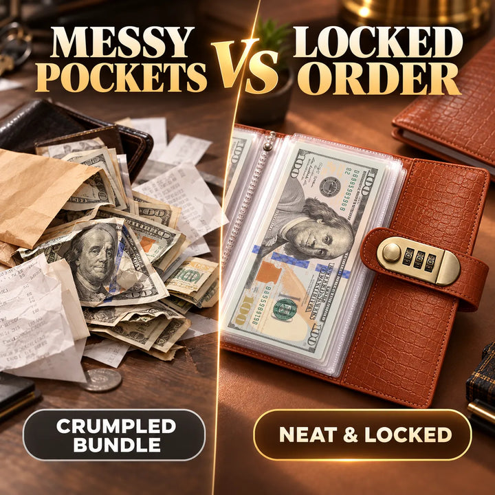 Crumpled loose cash versus neat locked wallet