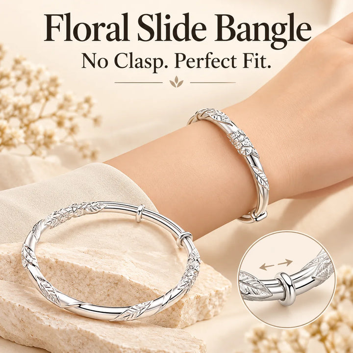 Floral Sliding Bangle – Adjustable Silver-Tone Bracelet