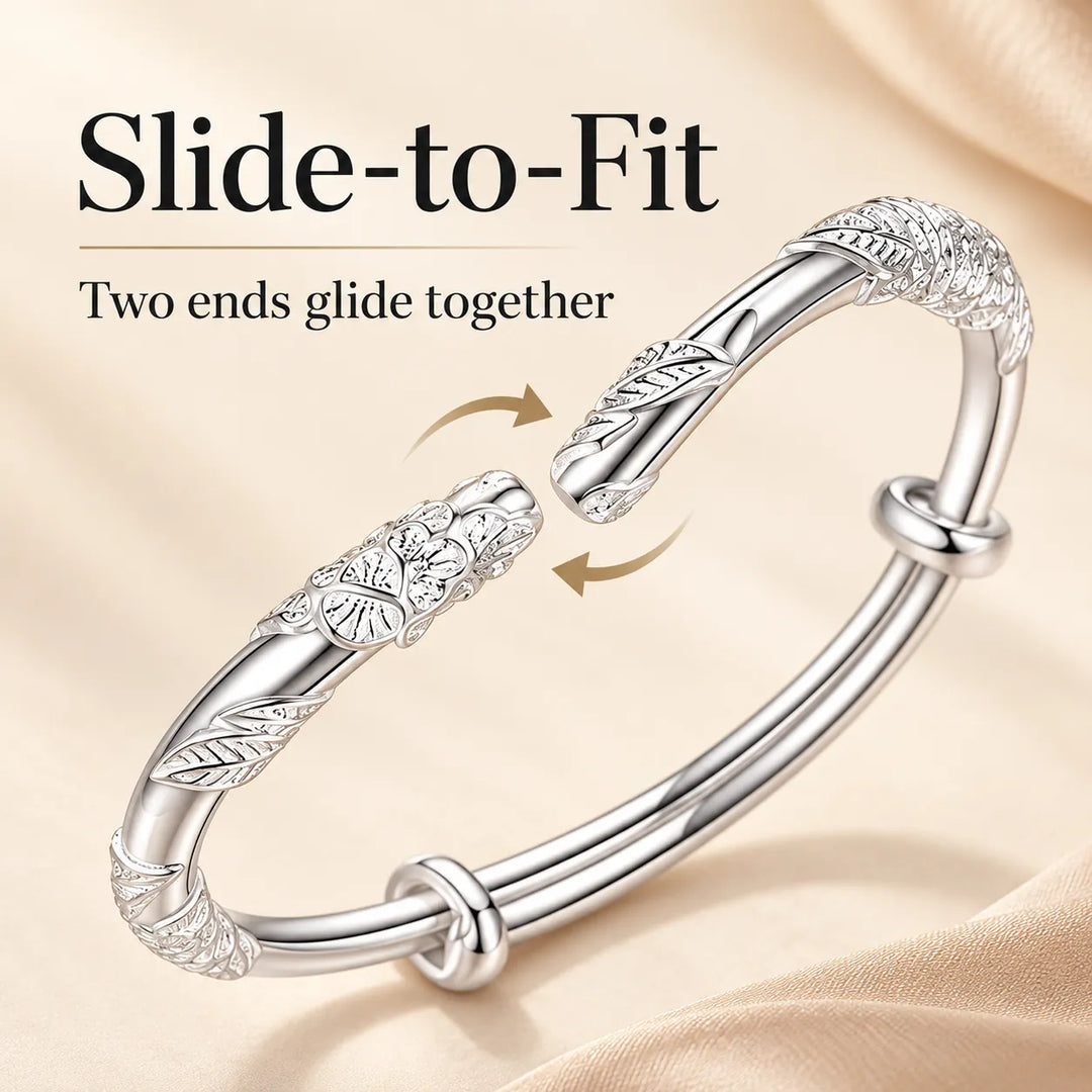 Floral Sliding Bangle – Adjustable Silver-Tone Bracelet