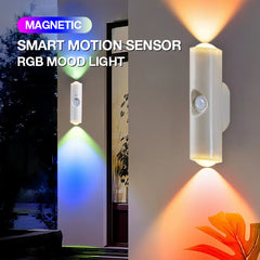 Compact magnetic motion-sensor lights casting white and colored light