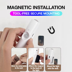 Magnetic night light installation using an adhesive-backed magnetic plate