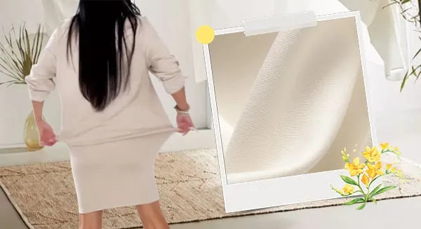 Close view of the cream dress and its drape