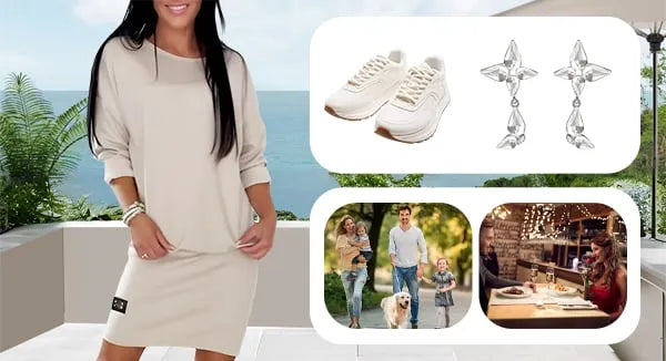Cream fitted dress shown with casual accessories and day-to-evening styling references