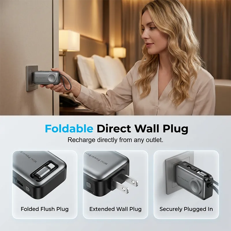 4-in-1 Power Bank with Built-In Cable, Watch Pad &amp; Wall Plug