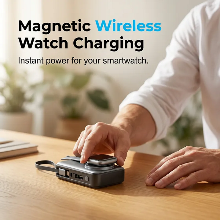 4-in-1 Power Bank with Built-In Cable, Watch Pad &amp; Wall Plug