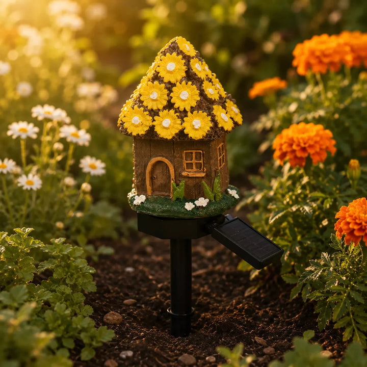 Solar Fairy Cottage Garden Stake Light, Hand-Sculpted Resin, Auto-On Warm LED