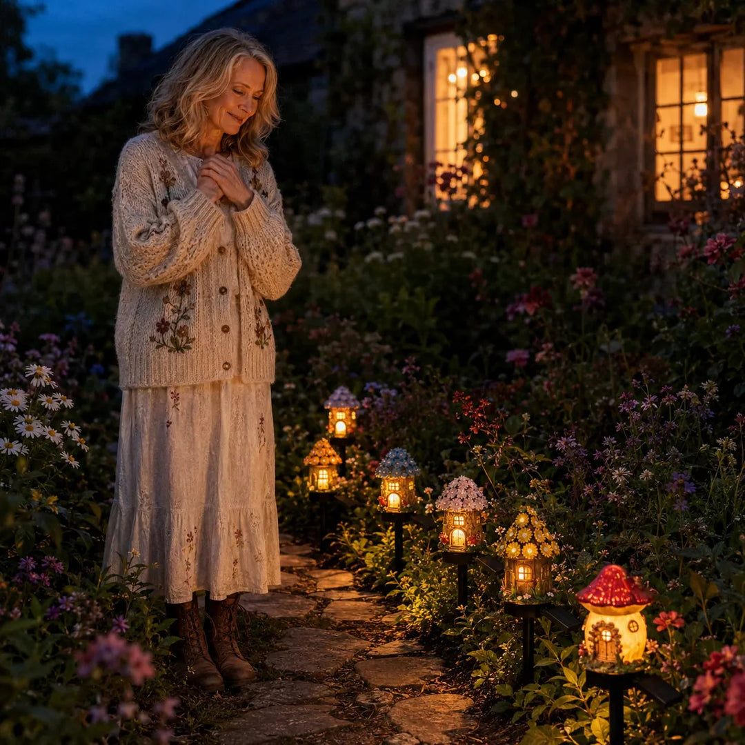 Solar Fairy Cottage Garden Stake Light, Hand-Sculpted Resin, Auto-On Warm LED