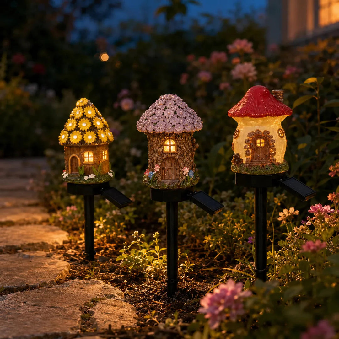 Solar Fairy Cottage Garden Stake Light, Hand-Sculpted Resin, Auto-On Warm LED